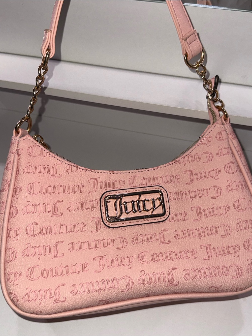 Juicy Couture Light Pink Logo Chain-Trim Shoulder Bag